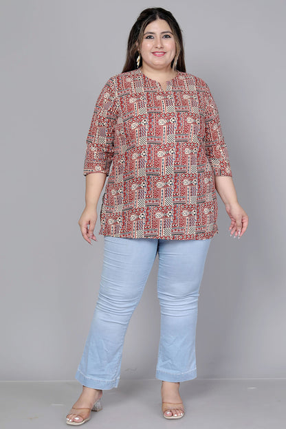 TRIBAL GEOMETRIC PRINT COTTON TOP IN RUST/BEIGE COLOUR BY PLUSSIZEKURTI