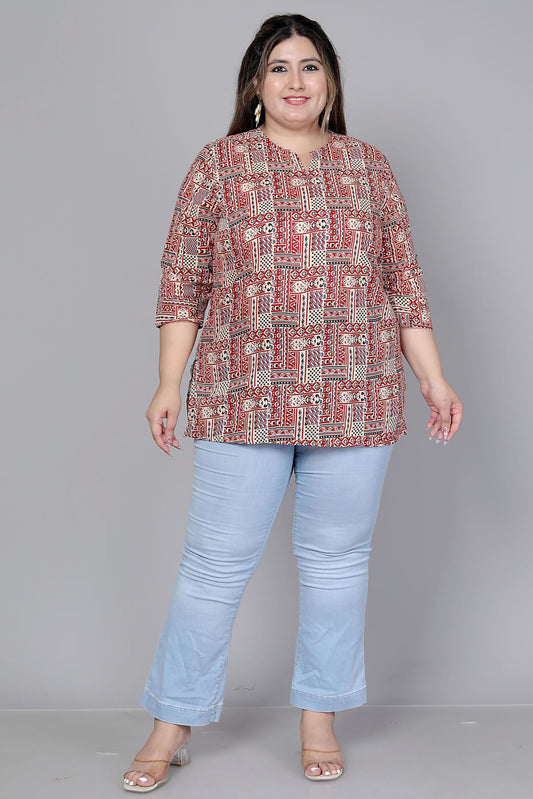 TRIBAL GEOMETRIC PRINT COTTON TOP IN RUST/BEIGE COLOUR BY PLUSSIZEKURTI