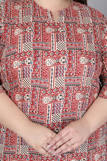 TRIBAL GEOMETRIC PRINT COTTON TOP IN RUST/BEIGE COLOUR BY PLUSSIZEKURTI