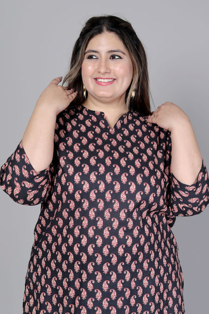 PAISLEY BLOCK MOTIF PRINT COTTON TOP IN BLACK COLOUR BY PLUSSIZEKURTI