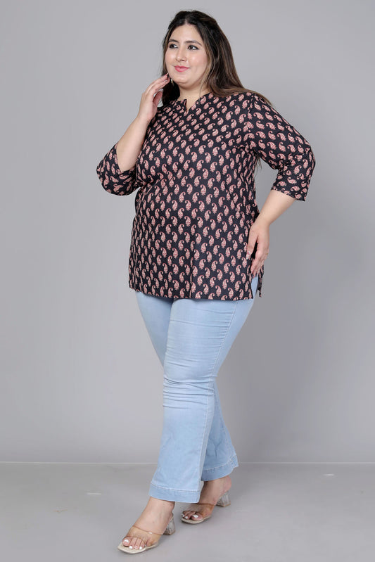 PAISLEY BLOCK MOTIF PRINT COTTON TOP IN BLACK COLOUR BY PLUSSIZEKURTI