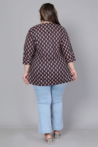 PAISLEY BLOCK MOTIF PRINT COTTON TOP IN BLACK COLOUR BY PLUSSIZEKURTI