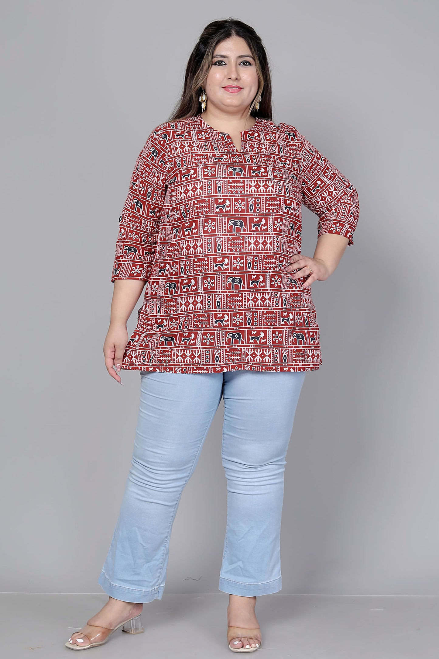 TRIBAL BLOCK PRINT COTTON TOP IN MAHROON COLOUR BY PLUSSIZEKURTI