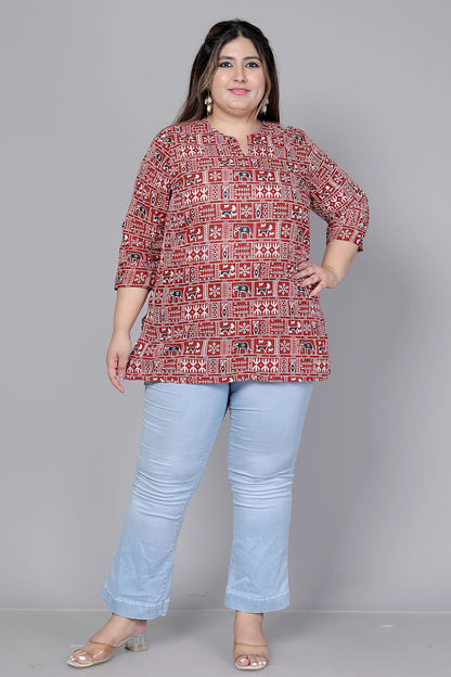 TRIBAL BLOCK PRINT COTTON TOP IN MAHROON COLOUR BY PLUSSIZEKURTI