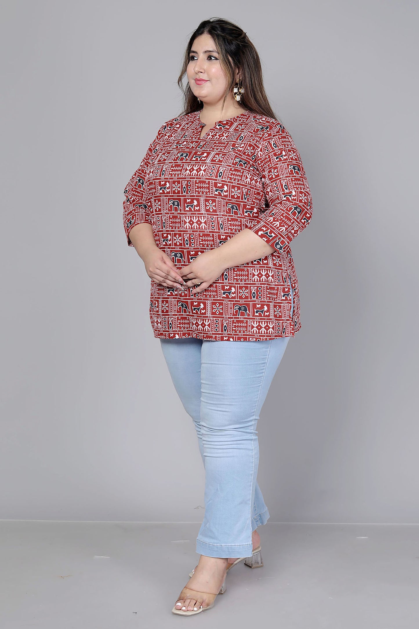 TRIBAL BLOCK PRINT COTTON TOP IN MAHROON COLOUR BY PLUSSIZEKURTI