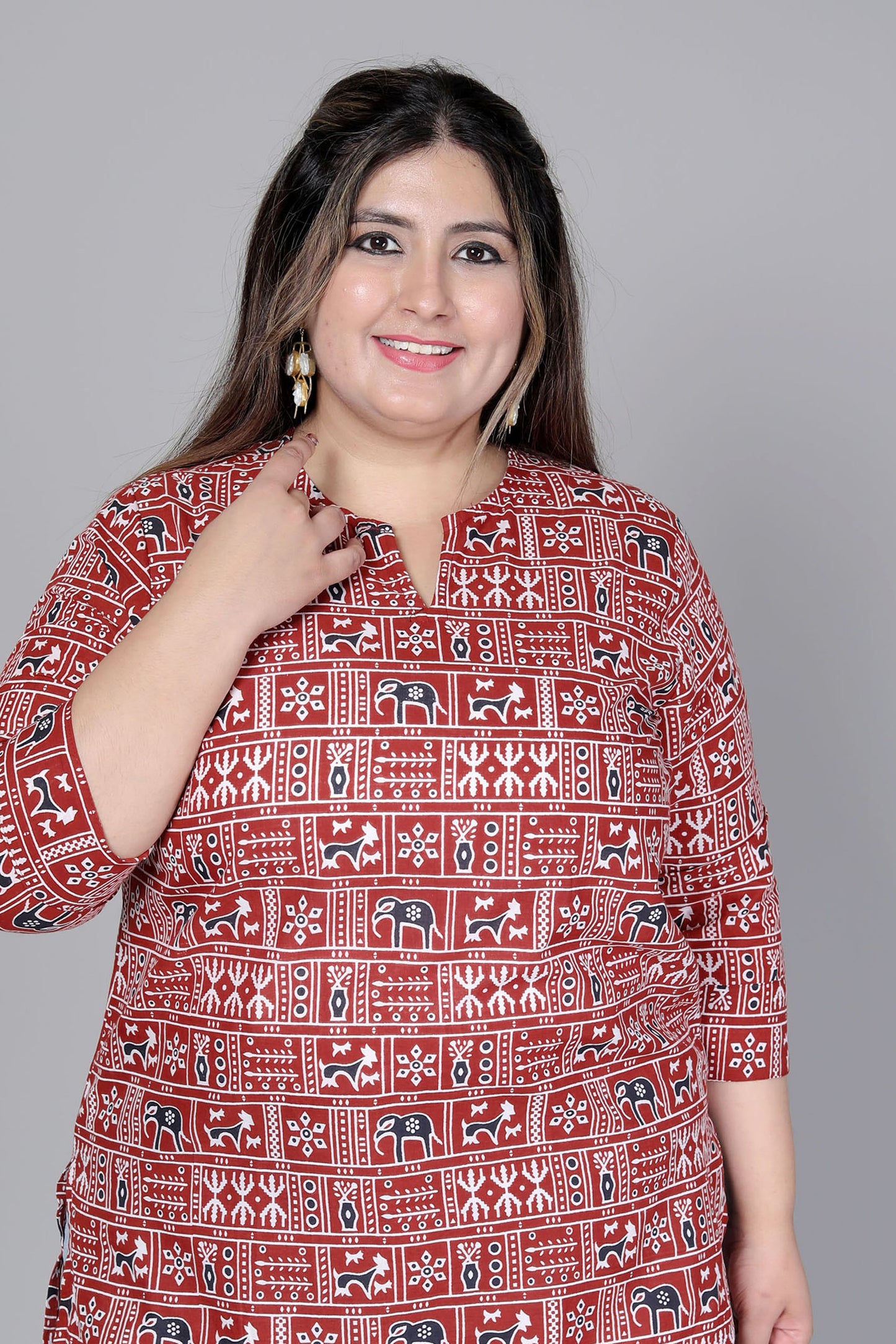 TRIBAL BLOCK PRINT COTTON TOP IN MAHROON COLOUR BY PLUSSIZEKURTI