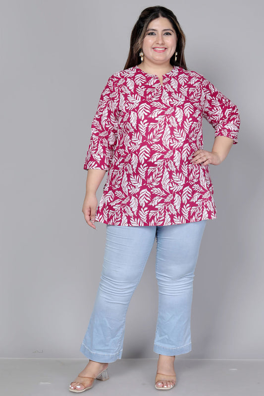 LEAF MOTIF PRINT COTTON TOP IN WINE RED COLOUR BY PLUSSIZEKURTI