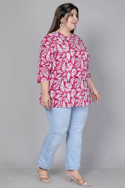 LEAF MOTIF PRINT COTTON TOP IN WINE RED COLOUR BY PLUSSIZEKURTI