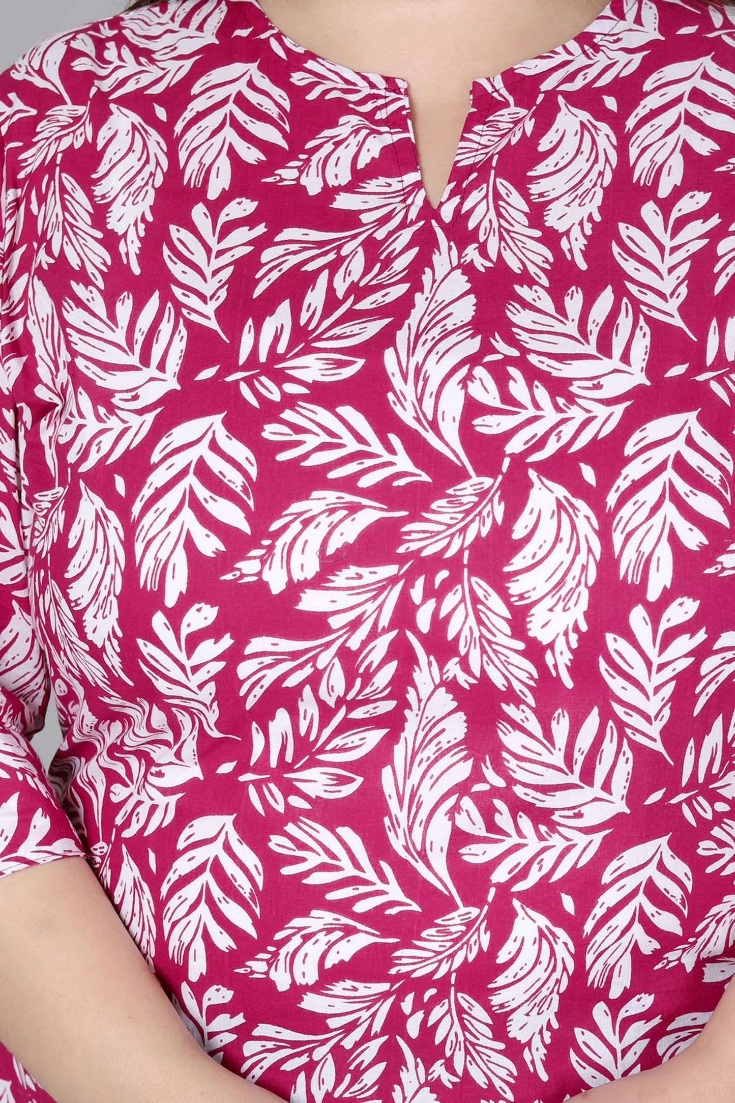 LEAF MOTIF PRINT COTTON TOP IN WINE RED COLOUR BY PLUSSIZEKURTI