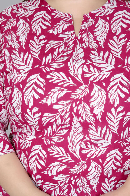 LEAF MOTIF PRINT COTTON TOP IN WINE RED COLOUR BY PLUSSIZEKURTI