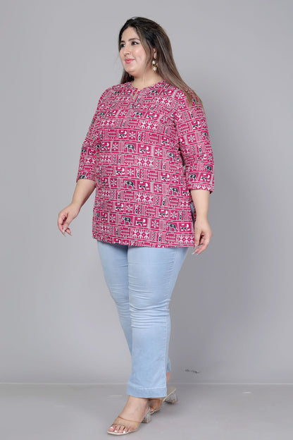 TRIBAL BLOCK PRINT COTTON TOP IN WINE RED COLOUR BY PLUSSIZEKURTI