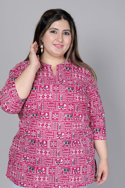 TRIBAL BLOCK PRINT COTTON TOP IN WINE RED COLOUR BY PLUSSIZEKURTI