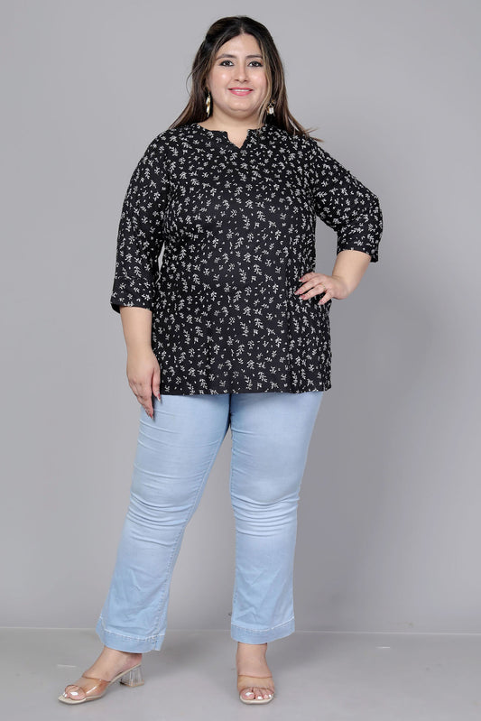 MINI FLORAL PRINT COTTON TOP IN BLACK COLOUR BY PLUSSIZEKURTI