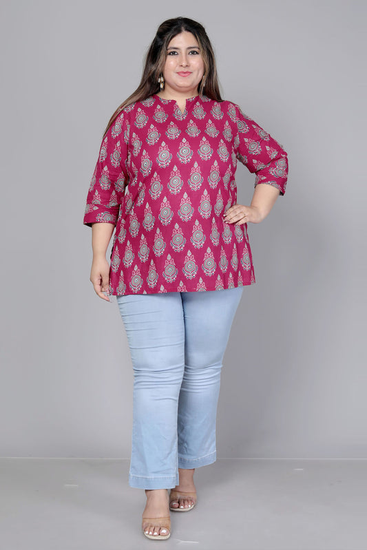 TRADITIONAL BUTI PRINT COTTON TOP IN WINE RED COLOUR BY PLUSSIZEKURTI