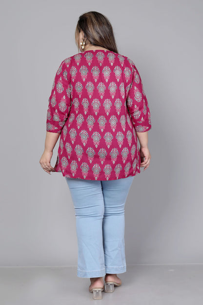 TRADITIONAL BUTI PRINT COTTON TOP IN WINE RED COLOUR BY PLUSSIZEKURTI