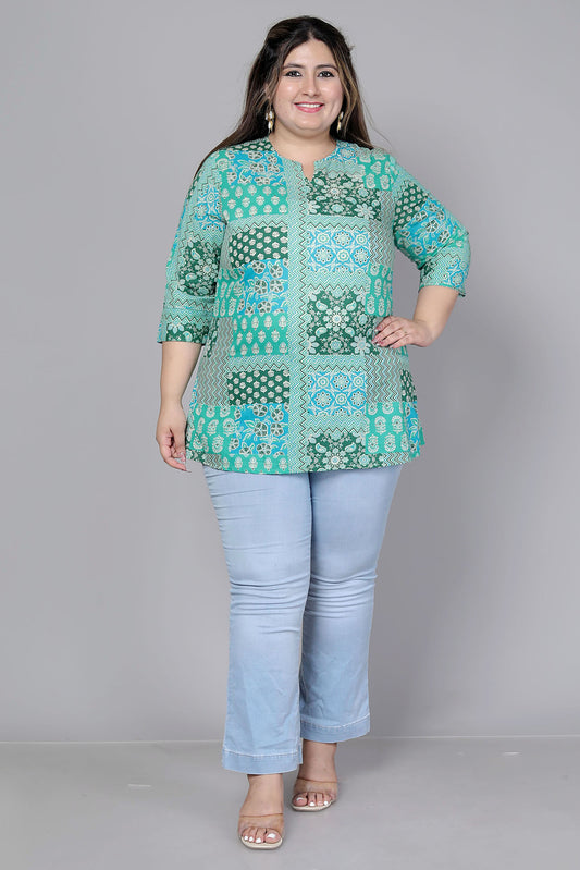 FLORAL GEOMETRIC PRINT COTTON TOP IN AQUA GREEN COLOUR BY PLUSSIZEKURTI