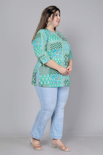 FLORAL GEOMETRIC PRINT COTTON TOP IN AQUA GREEN COLOUR BY PLUSSIZEKURTI