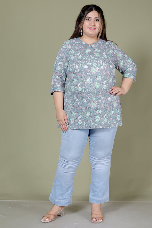 FLORAL GARDEN PRINT COTTON TOP IN PASTEL GREY COLOUR BY PLUSSIZEKURTI