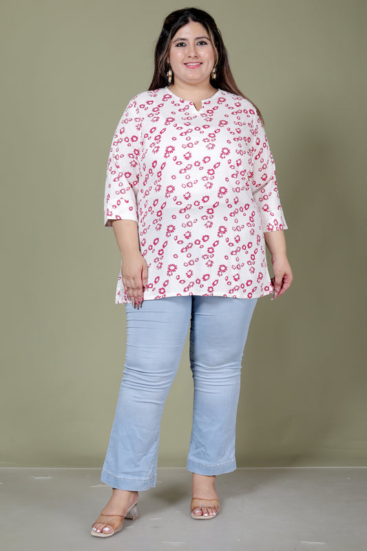 FLORAL PRINT COTTON TOP IN WHITE/PINK COLOUR BY PLUSSIZEKURTI