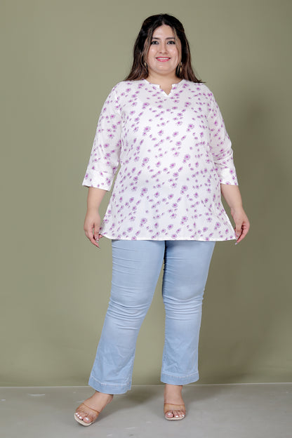 FLORAL PRINT COTTON TOP IN WHITE/LAVENDER COLOUR BY PLUSSIZEKURTI