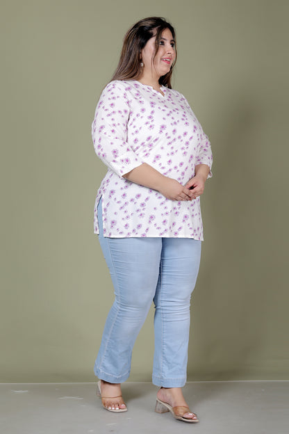 FLORAL PRINT COTTON TOP IN WHITE/LAVENDER COLOUR BY PLUSSIZEKURTI