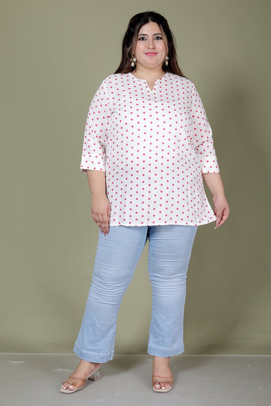 POLKA DOT PRINT COTTON TOP IN WHITE/PINK COLOUR BY PLUSSIZEKURTI