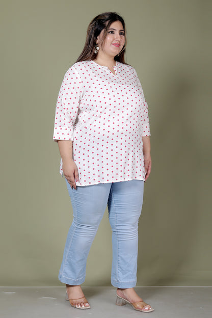 POLKA DOT PRINT COTTON TOP IN WHITE/PINK COLOUR BY PLUSSIZEKURTI