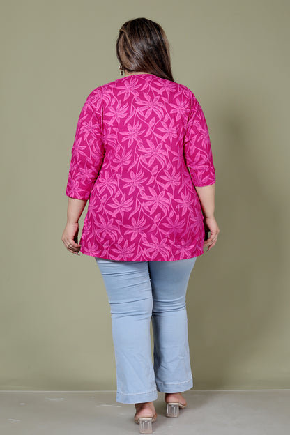 FLOWER PRINT COTTON TOP IN FUCHSIA PINK COLOUR BY PLUSSIZEKURTI