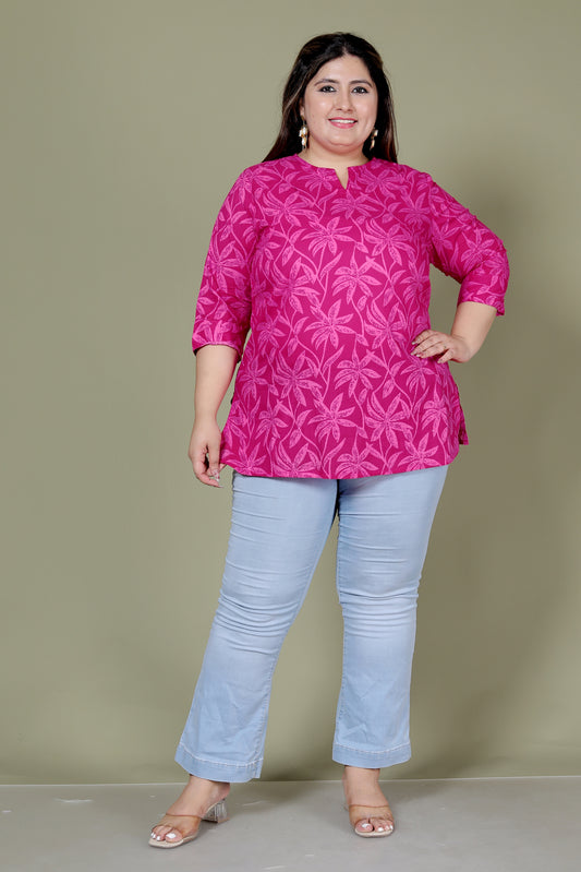 FLOWER PRINT COTTON TOP IN FUCHSIA PINK COLOUR BY PLUSSIZEKURTI