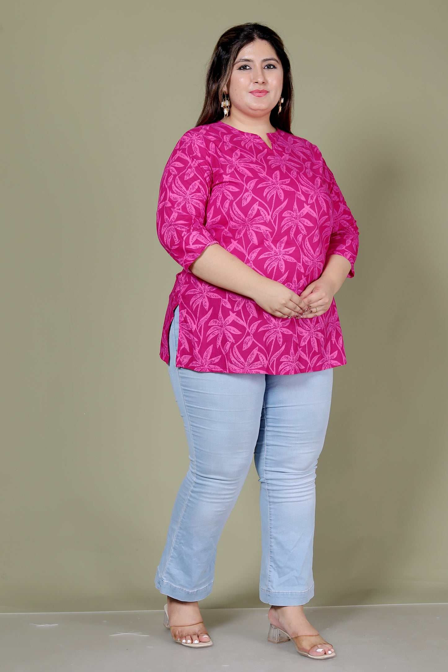 FLOWER PRINT COTTON TOP IN FUCHSIA PINK COLOUR BY PLUSSIZEKURTI