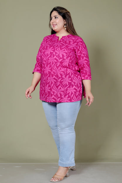 FLOWER PRINT COTTON TOP IN FUCHSIA PINK COLOUR BY PLUSSIZEKURTI