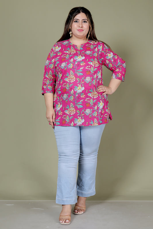 FLORAL PRINT COTTON TOP IN RANIPINK COLOUR BY PLUSSIZEKURTI