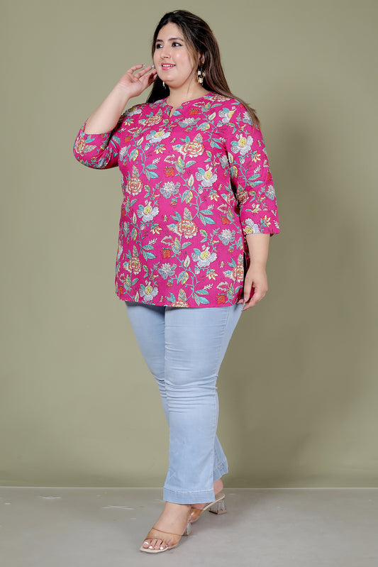 FLORAL PRINT COTTON TOP IN RANIPINK COLOUR BY PLUSSIZEKURTI
