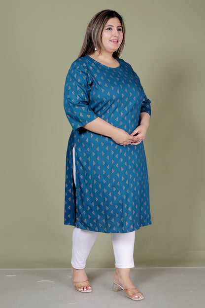 TRIANGULAR GEOMETRIC PRINT COTTON KURTI IN TEALBLUE BY PLUSSIZEKURTI
