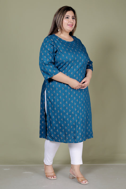 TRIANGULAR GEOMETRIC PRINT COTTON KURTI IN TEALBLUE BY PLUSSIZEKURTI