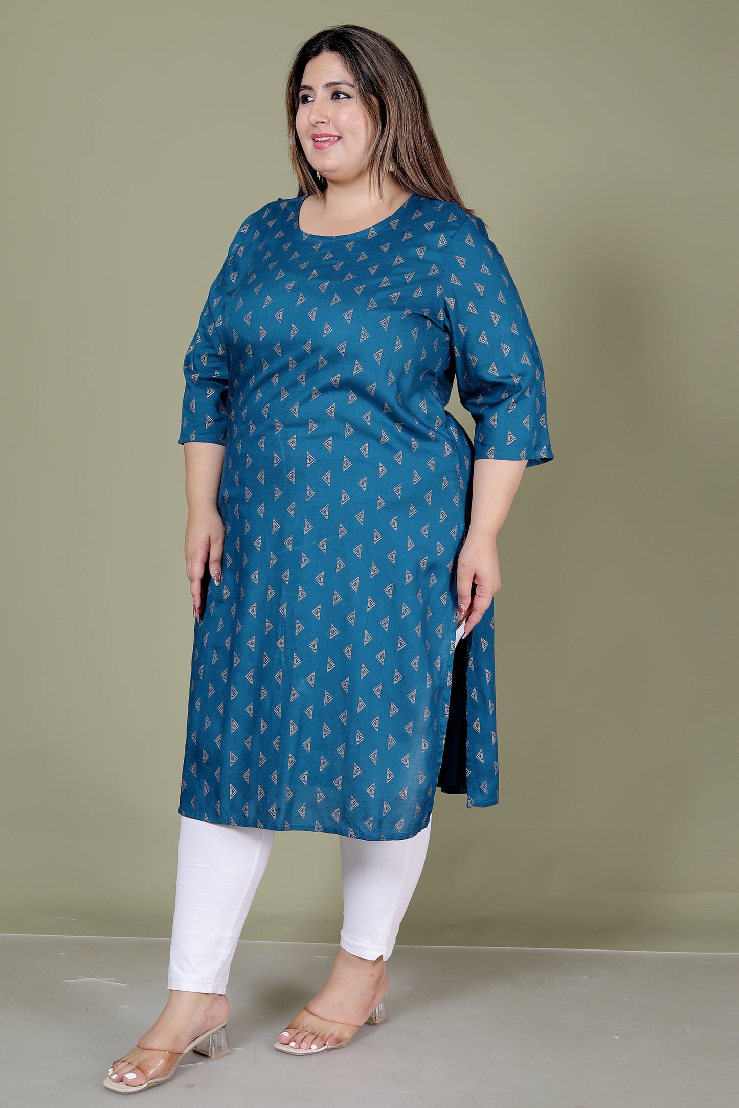 TRIANGULAR GEOMETRIC PRINT COTTON KURTI IN TEALBLUE BY PLUSSIZEKURTI