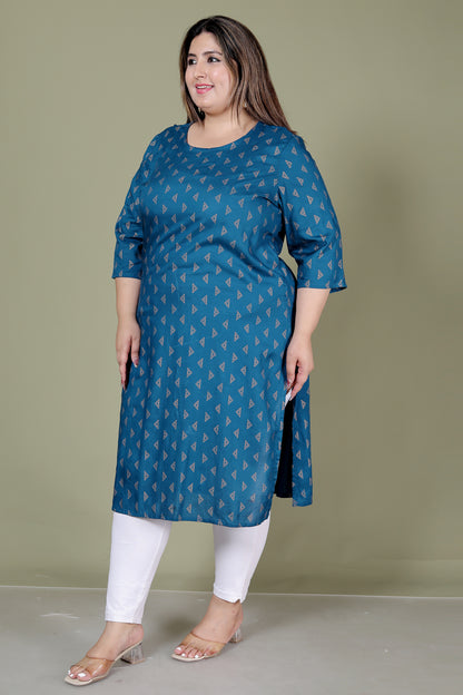 TRIANGULAR GEOMETRIC PRINT COTTON KURTI IN TEALBLUE BY PLUSSIZEKURTI