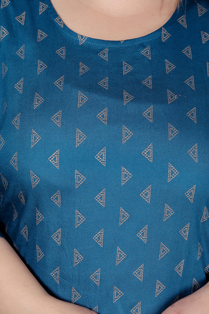 TRIANGULAR GEOMETRIC PRINT COTTON KURTI IN TEALBLUE BY PLUSSIZEKURTI