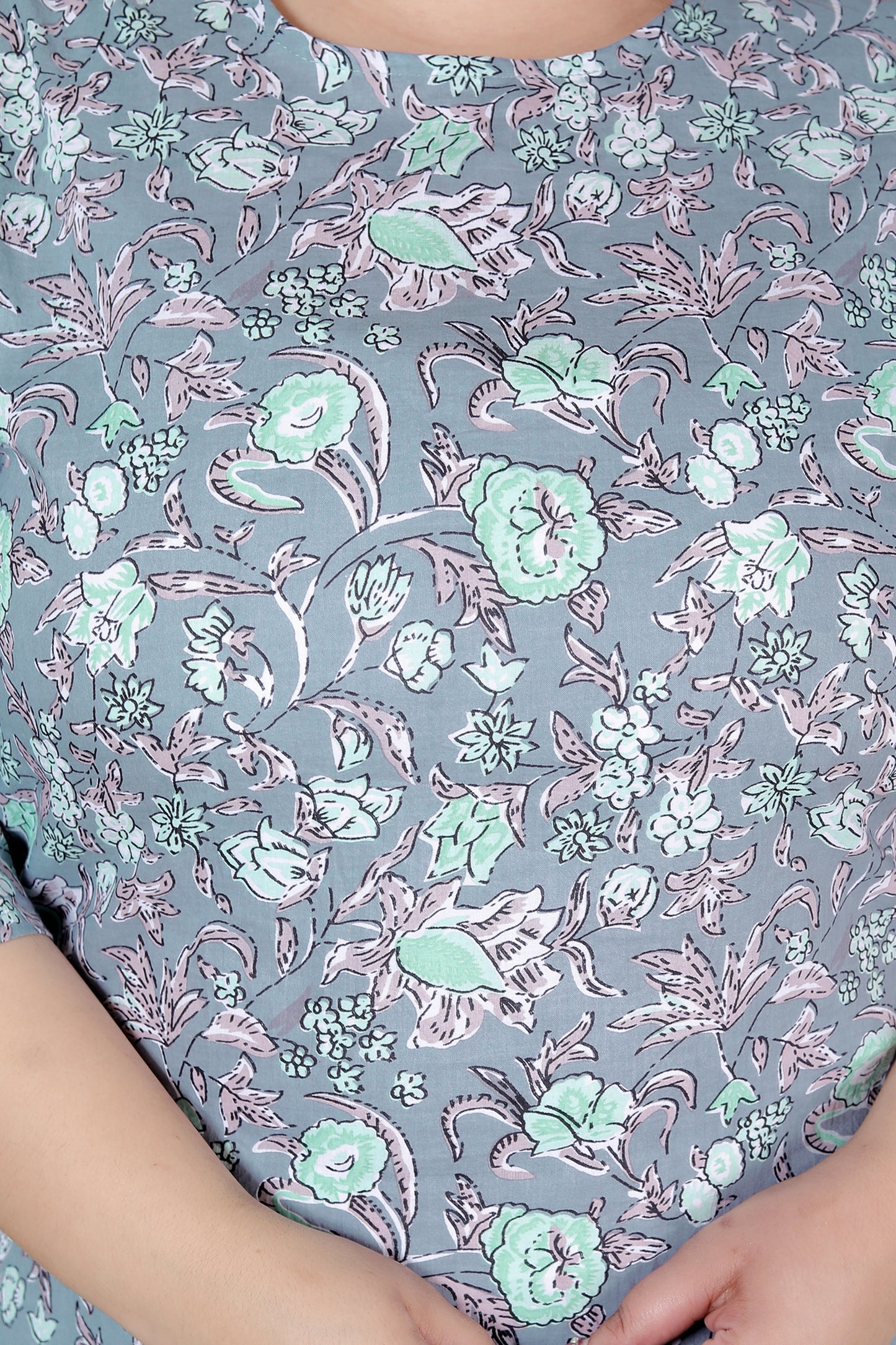 FLORAL GARDEN PRINT COTTON KURTI IN PASTEL GREY BY PLUSSIZEKURTI