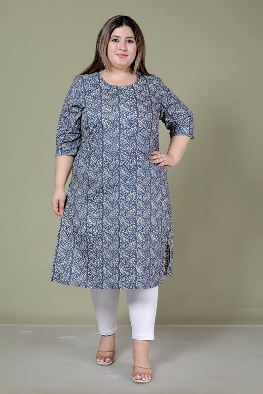 PAISLEY BLOCK PRINT COTTON KURTI IN INDIGO BLUE BY PLUSSIZE KURTI