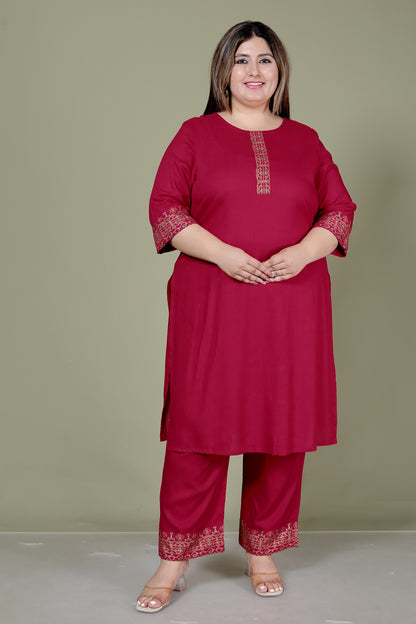 SOLID FOIL PRINT COTTON 3 PEICE KURTA PANT IN MAHROON BY PLUSSIZEKURTI