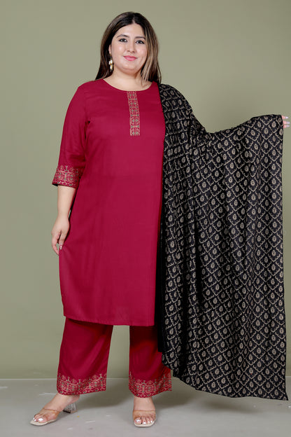 SOLID FOIL PRINT COTTON 3 PEICE KURTA PANT IN MAHROON BY PLUSSIZEKURTI
