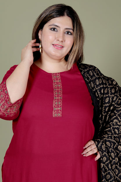 SOLID FOIL PRINT COTTON 3 PEICE KURTA PANT IN MAHROON BY PLUSSIZEKURTI