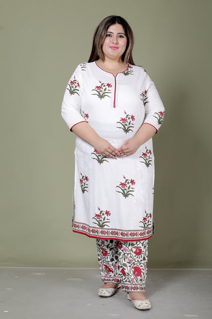 MUGHAL PRINT COTTON 3 PEICE KURTI PANT SET IN WHITE/RED BY PLUSSIZEKURTI