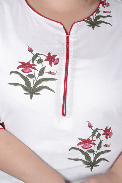 MUGHAL PRINT COTTON 3 PEICE KURTI PANT SET IN WHITE/RED BY PLUSSIZEKURTI