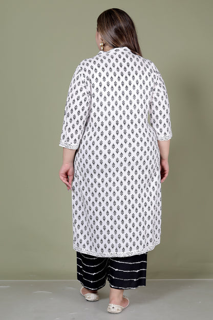 HANDBLOCK MOTIF PRINT COTTON 3 PEICE KURTI PLAZZO SET IN WHITE/BLACK BY PLUSSIZEKURTI