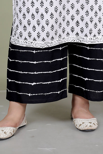 HANDBLOCK MOTIF PRINT COTTON 3 PEICE KURTI PLAZZO SET IN WHITE/BLACK BY PLUSSIZEKURTI