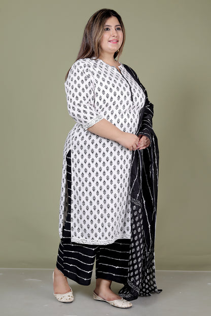 HANDBLOCK MOTIF PRINT COTTON 3 PEICE KURTI PLAZZO SET IN WHITE/BLACK BY PLUSSIZEKURTI