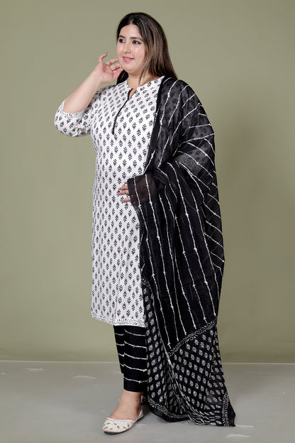 HANDBLOCK MOTIF PRINT COTTON 3 PEICE KURTI PLAZZO SET IN WHITE/BLACK BY PLUSSIZEKURTI