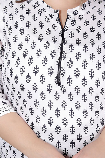 HANDBLOCK MOTIF PRINT COTTON 3 PEICE KURTI PLAZZO SET IN WHITE/BLACK BY PLUSSIZEKURTI